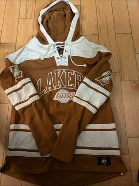 47 Los Angeles Lakers Brown and White Lace-Up Crewneck Hoodie